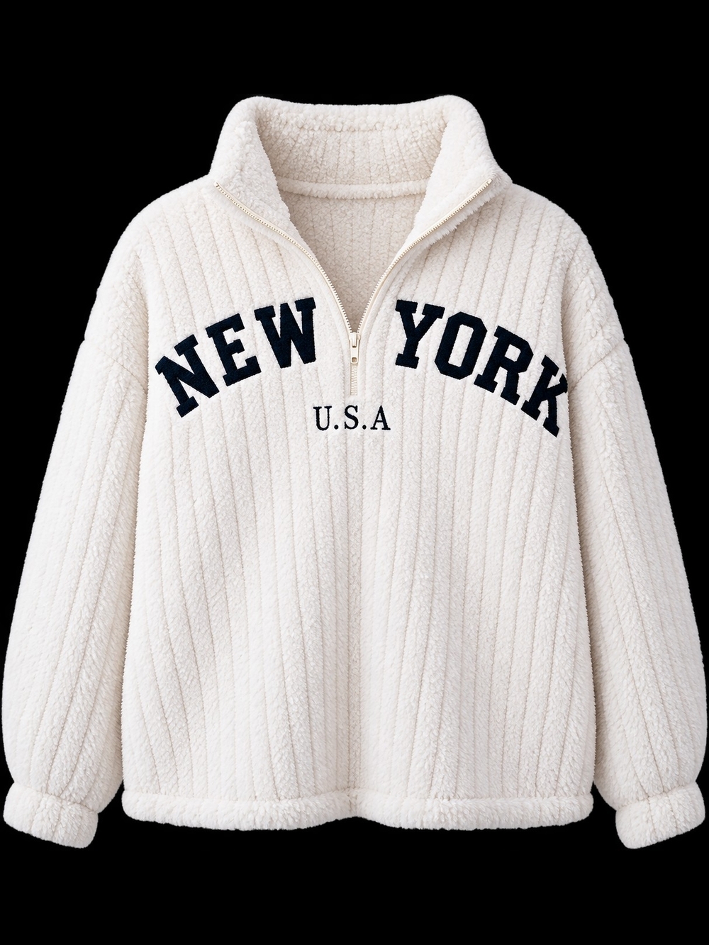 Cream Plush Quarter-Zip Sweatshirt with 'NEW YORK' Graphic
